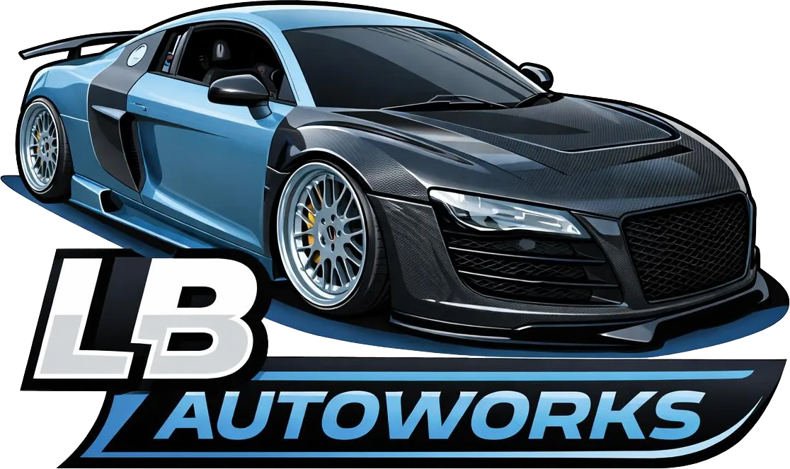 LB Autoworks — a blue and carbon sports car above the LB Autoworks wordmark